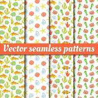 A collection of vector seamless patterns. Underwater world in cartoon style. Summer, sea, fish, shells, algae