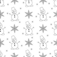 Christmas seamless vector pattern. Illustration of a flat snowman and snowflakes. Great for wrapping paper and wallpaper.