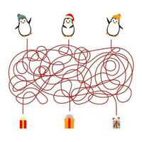 Christmas children's game maze maze or quiz for winter holidays, vector worksheet. Cartoon penguin animals in winter hats to find the way to Christmas gifts in a puzzle game.