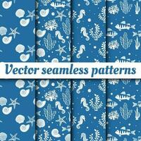 A collection of vector seamless patterns on a blue background. Underwater world in cartoon style. Summer, sea, fish, shells, algae