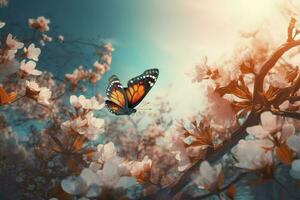 Spring banner, branches of blossoming cherry against the background of blue sky, and butterflies on nature outdoors. Pink sakura flowers, dreamy romantic image spring, landscape panorama, generate ai photo