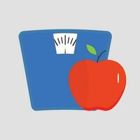 Health diet, scales and apple. Control and measure, eating vitamin. Vector illustration