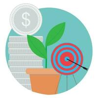 Goal achieved, success icon. Stack coin and green sprout, bulls eye, vector illustration