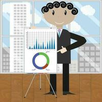 Presentation graphics and charts. Business man shows company annual results in graphic. Vector illustration