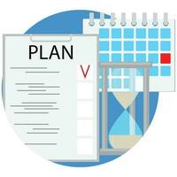 Planning and time management icon flat. Organization buisness, vector hourglass calendar and checklist illustration