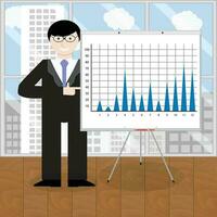 Presentation of report. Consultant leadership pointing toi chart. Vector illustration