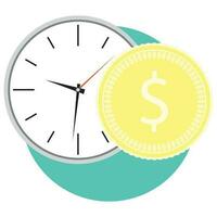 Time and money icon. Clock and golden coin. Vector illustration