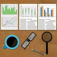 Analysis of data charts and graphs. Diagram statistic infographic, business workspace, vector illustration