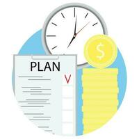 Plan time and golden coins vector icon. Clock and strategy illustration