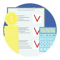 Counting financial budget vector icon. Stock of golden coin with calculator and checklist illustration