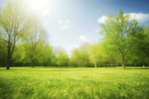 Beautiful blurred background image of spring nature with a neatly trimmed lawn surrounded by trees against a blue sky with clouds on a bright sunny day, generate ai photo
