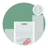 Paid taxes icon. Coin and tax form, paper taxation and accounting income, vector illustration