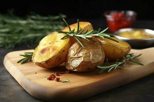 Tasty baked potato and aromatic rosemary served on wooden board, closeup, generate ai photo