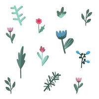 Cute doodle vector set of different hand drawn flowers in childish style in bright pastel color pallet