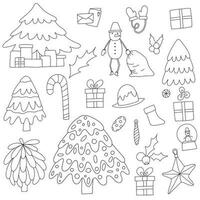 vector hand drawn set of christmas and new year elements. Cozy christmas trees, gifts, decorations, gloves, snow man and postcards. Cozy cute winter illustration
