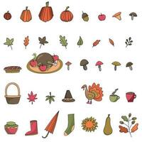 otoño elementos colocar. acción de gracias día elementos. hojas , calabazas, turco, tarta, tazas y otro acogedor vector ilustraciones para genial otoño