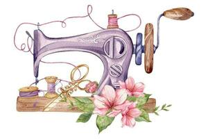 Sewing logo. Vintage sewing machine with floral wreath. Watercolor illustration on white isolated background. Hobby. Homemade hobby. Embroidery, sewing. Tailor shop logo. vector