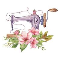 Sewing logo. Vintage sewing machine with floral wreath. Watercolor illustration on white isolated background. Hobby. Homemade hobby. Embroidery, sewing. Tailor shop logo. vector