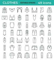 Clothing line icons. Fashion clothes for women. Skirt, underwear, swimsuits, top, dress. Linear icon set with editable stroke. isolated 49 Vector icons.