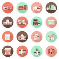 Set of colored and flat urban government buildings round icons. isolated Factory, city bank, pharmacy, police, airport, hospital and school on white background. Flat vector illustration.