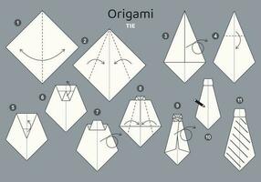 Tie origami scheme tutorial moving model on grey backdrop. Origami for kids. Step by step how to make a cute origami necktie. Vector illustration.