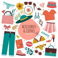 Set of different hand drawn Accessories and Clothes. Bundle of clothing, bags, accessories, underwear and shoes for women. Colored isolated flat vector illustration.