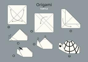 Turtle origami scheme tutorial moving model on grey backdrop. Origami for kids. Step by step how to make a cute origami turtle. Vector illustration.