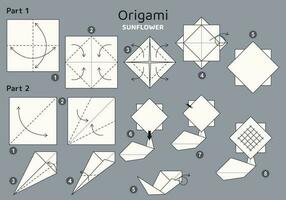 Sunflower origami scheme tutorial moving model on grey backdrop. Origami for kids. Step by step how to make a cute origami flower. Vector illustration.