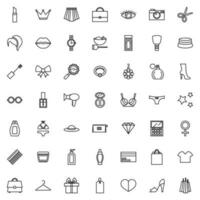 Set of flat icons with cosmetic, clothing, shoes, skin care, accessories. Outline simple vector icons. Modern design with signs of beauty. Business concept. Shopping icon set.