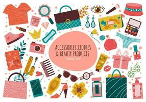 Set of different hand drawn Accessories and Clothes. Bundle of clothing, bags, accessories, watch, underwear and beauty products and shoes for women. Colored isolated flat vector illustration.