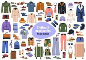 Hand drawn clothing, shoes and accessories for men. Big set of underwear, shoes, coats, sweaters, hats in casual style. Flat graphic vector illustrations isolated on white background