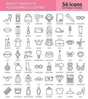 Set of 56 thin line icons related to beauty products, cosmetic, clothes, shoes, bags and accessories. Linear beauty simple symbol collection with inscriptions. Vector illustration. Editable stroke