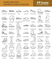 Big set of various shoes and hats line icons. Fashion shoes, hats, beanie, bucket, boots, trainers, mules, slides for men and women. Linear icon set with editable stroke. isolated 49 Vector icons.