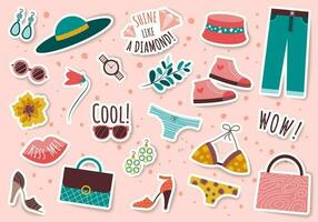 Beauty stickers for women. Set with clothing, shoes, accessories, underwear, slogans. Cartoon trendy appliques and female symbols collection. Hand drawn vector bundle isolated on colorful background.