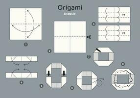 Donut origami scheme tutorial moving model on grey backdrop. Origami for kids. Step by step how to make a cute origami doughnut. Vector illustration.