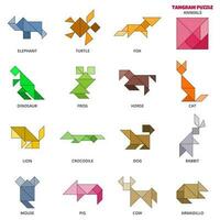 tangram rompecabezas juego para niños. vector vistoso colección con varios aislado mascotas y salvaje animales aislado tangram animales íconos en blanco fondo. vector ilustración