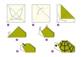 Turtle origami scheme tutorial moving model. Origami for kids. Step by step how to make a cute origami turtle. Vector illustration.