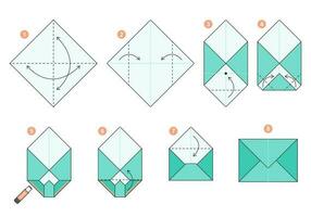 Envelope origami scheme tutorial moving model. Origami for kids. Step by step how to make a cute origami envelope. Vector illustration.