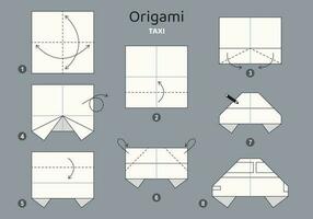 Tutorial origami scheme with taxi. isolated origami elements on grey backdrop. Origami for kids. Step by step how to make origami car. Vector illustration.