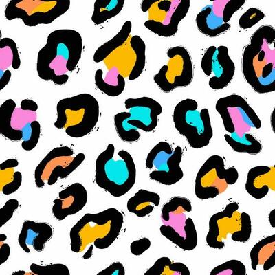 Abstract Hand Drawn Leopard skin print. Seamless pattern. Leopard animal skin background. Textured abstract and wild print design for textile. Neon colors. Vector illustration