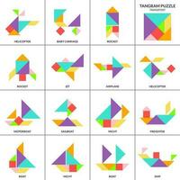 Tangram puzzle game for kids. Vector colorful collection with various transport. isolated Tangram transport icons on white backdrop. Vector illustration