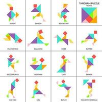 Tangram puzzle game for kids. Vector colorful collection with isolated people in various poses. isolated Tangram people icons on white backdrop. Vector illustration