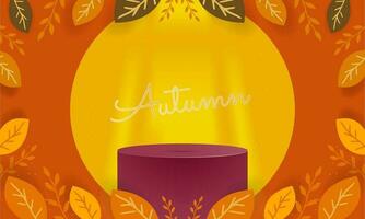 Autumn-themed 3d rendered showcase podium with canopy of leaves as frame, soft light towards red platform with shadows and orange circle in background. Vector Template.