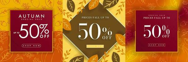 Set of Autumn Special Sale Artworks, Prices fall up to 50 off with Shop Now button. Colored autumn backgrounds, hand-drawn patterns, canopy of leaves, and liquid gradient. Editable Vector Templates.