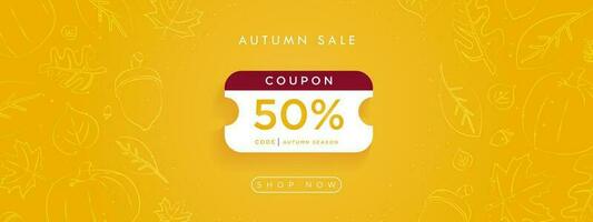 Autumn Sale Online Voucher Banner Concept on orange gradient background with drawn leaves, maple, pumpkin, acorns. Pop up coupon with space for code and 50 off, shop now button. Vector Illustration.