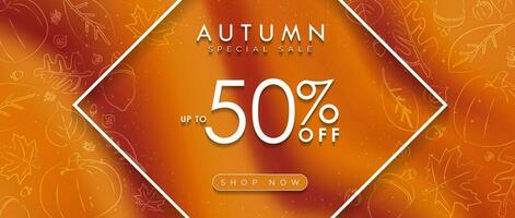 Luxurious Autumn Sale Banner on fluid gradient background in fall colors and framed with hand drawn autumn elements, leaves, maple, acorn, pumpkin. Up to 50 off. Editable Vector Illustration. EPS 10