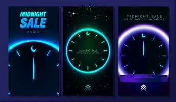 Set of Midnight Sale Poster and Social Media Story Templates. 3D rendering of empty podium with neon clock. Up to 50 off and more tagline and Swipe Up Icon CTA on bottom. Vector. EPS 10 vector