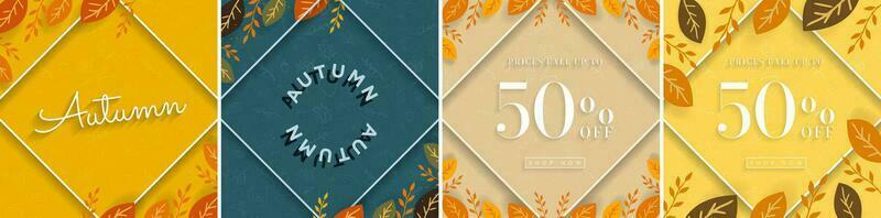 Set of Autumn Abstract sales background, social media post templates, nature-themed design backdrops. Prices fall up to 50 off sale sign with shop now Button. Hand-drawn doodle patterns and foliage. vector