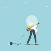 Brilliant ideas for solving business problems are running out, lack of creativity to get out of a difficult situation, searching for ways to achieve goals, exhausted man carries discharged light bulb. vector