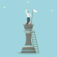 Strategic planning to achieve goals and business development, methods and ways of moving up career ladder, defeating a competitor, achieving heights through hard work, man with flag on a chess piece. vector